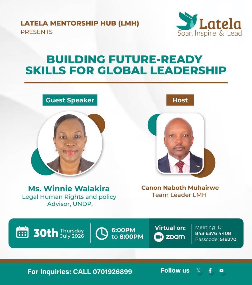 Flyer for the session Building Future-Ready Skills for Global Leadership with Ms. Winnie Walakira, hosted by Canon Naboth Muhairwe
